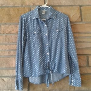 Sunny+74 Heart Print Chambray Tie Front Shirt